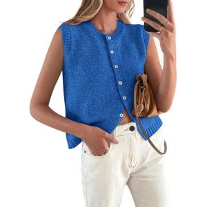 PRETTYGARDEN Sweater Vest Tops for Women 2026 Lightweight Summer Cardigan Sleeveless Button Up Knit Casual Spring Clothes(Sky Blue)