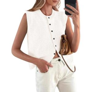 PRETTYGARDEN Sweater Vest Tops for Women 2026 Lightweight Summer Cardigan Sleeveless Button Up Knit Casual Spring Clothes(White)