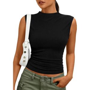 PRETTYGARDEN Tank Tops for Women 2026 Summer Mock Neck Ribbed Knit Slim Fitted Shirts Going Out Top Spring Fashion Clothes(Black)