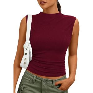 PRETTYGARDEN Tank Tops for Women 2026 Summer Mock Neck Ribbed Knit Slim Fitted Shirts Going Out Top Spring Fashion Clothes(Burgundy)