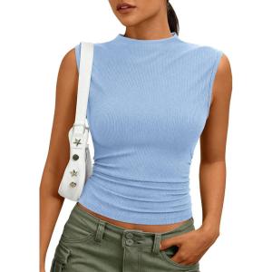 PRETTYGARDEN Tank Tops for Women 2026 Summer Mock Neck Ribbed Knit Slim Fitted Shirts Going Out Top Spring Fashion Clothes(Light Blue)