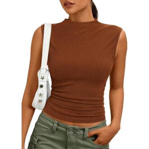 PRETTYGARDEN Tank Tops for Women 2026 Summer Mock Neck Ribbed Knit Slim Fitted Shirts Going Out Top Spring Fashion Clothes(Red Brown)