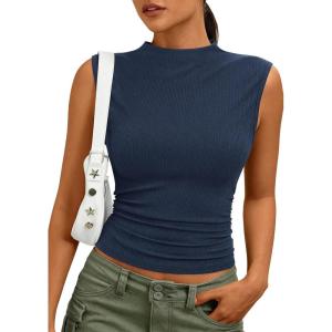 PRETTYGARDEN Tank Tops for Women 2026 Summer Mock Neck Ribbed Knit Slim Fitted Shirts Going Out Top Spring Fashion Clothes(Royal Blue)