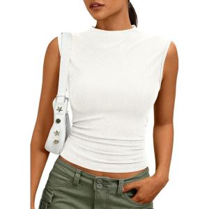 PRETTYGARDEN Tank Tops for Women 2026 Summer Mock Neck Ribbed Knit Slim Fitted Shirts Going Out Top Spring Fashion Clothes(White)