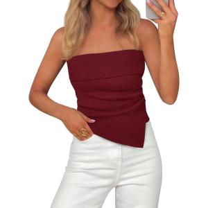 PRETTYGARDEN Tube Tops for Women 2026 Summer Strapless Asymmetrical Ruched Bandeau Shirts Trendy Spring Going Out Outfits(Burgundy)