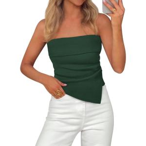 PRETTYGARDEN Tube Tops for Women 2026 Summer Strapless Asymmetrical Ruched Bandeau Shirts Trendy Spring Going Out Outfits(Green)