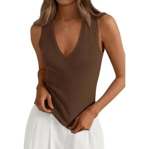 PRETTYGARDEN V Neck Tank Tops for Women Summer Outfits 2026 Ribbed Knit Shirts Casual Basic Tees Sleeveless Camisole Vest(Brown)