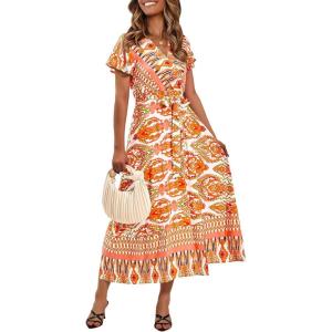 PRETTYGARDEN Women Boho Summer Side Split Deep V Neck Short Sleeves Maxi Dress with Belt(Print Yellow)