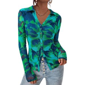 PRETTYGARDEN Women Button Down Floral Shirts 2026 Fall Trendy Long Sleeve V Neck Mesh Boho Blouse Spring Tops Date Outfits(Floral Blue Green)