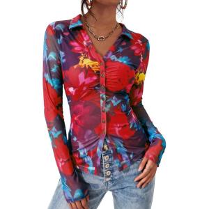 PRETTYGARDEN Women Button Down Floral Shirts 2026 Fall Trendy Long Sleeve V Neck Mesh Boho Blouse Spring Tops Date Outfits(Floral Navy Red)