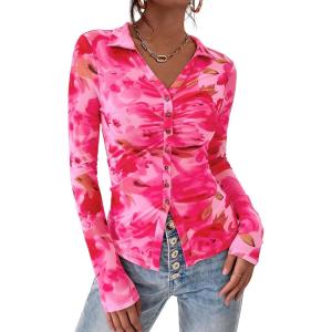 PRETTYGARDEN Women Button Down Floral Shirts 2026 Fall Trendy Long Sleeve V Neck Mesh Boho Blouse Spring Tops Date Outfits(Floral Pink)