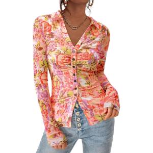PRETTYGARDEN Women Button Down Floral Shirts 2026 Fall Trendy Long Sleeve V Neck Mesh Boho Blouse Spring Tops Date Outfits(Red Pink)