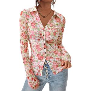 PRETTYGARDEN Women Button Down Floral Shirts 2026 Fall Trendy Long Sleeve V Neck Mesh Boho Blouse Spring Tops Date Outfits(White Pink Floral)