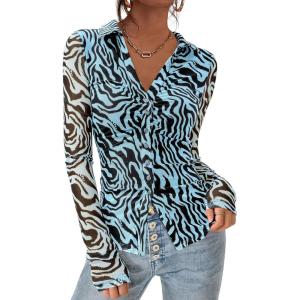 PRETTYGARDEN Women Button Down Floral Shirts 2026 Fall Trendy Long Sleeve V Neck Mesh Boho Blouse Spring Tops Date Outfits(Zebra Blue Black)