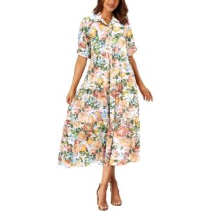 PRETTYGARDEN Women Casual Summer Dress Short Sleeve Floral Print Beach Maxi Dresses (Floral White Apricot,Large)