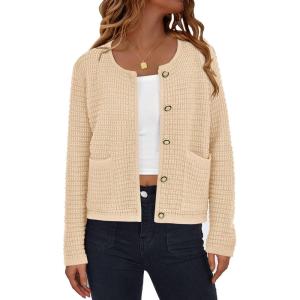 PRETTYGARDEN Women Knit Cardigan Sweaters Fall Fashion Long Sleeve Open Front Button Down Trendy Casual Jacket Winter Clothes(Beige)