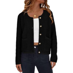 PRETTYGARDEN Women Knit Cardigan Sweaters Fall Fashion Long Sleeve Open Front Button Down Trendy Casual Jacket Winter Clothes(Black)