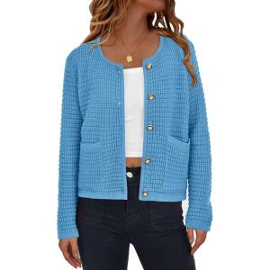 PRETTYGARDEN Women Knit Cardigan Sweaters Fall Fashion Long Sleeve Open Front Button Down Trendy Casual Jacket Winter Clothes(Blue)