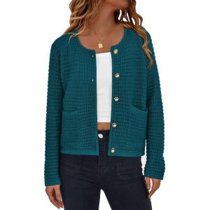 PRETTYGARDEN Women Knit Cardigan Sweaters Fall Fashion Long Sleeve Open Front Button Down Trendy Casual Jacket Winter Clothes(Blue Green)