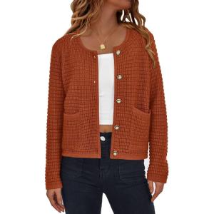 PRETTYGARDEN Women Knit Cardigan Sweaters Fall Fashion Long Sleeve Open Front Button Down Trendy Casual Jacket Winter Clothes(Caramel)