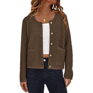 PRETTYGARDEN Women Knit Cardigan Sweaters Fall Fashion Long Sleeve Open Front Button Down Trendy Casual Jacket Winter Clothes(Coffee)