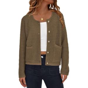 PRETTYGARDEN Women Knit Cardigan Sweaters Fall Fashion Long Sleeve Open Front Button Down Trendy Casual Jacket Winter Clothes(Dark Khaki)
