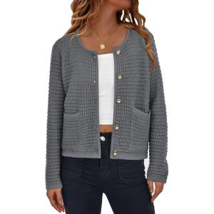 PRETTYGARDEN Women Knit Cardigan Sweaters Fall Fashion Long Sleeve Open Front Button Down Trendy Casual Jacket Winter Clothes(Grey)