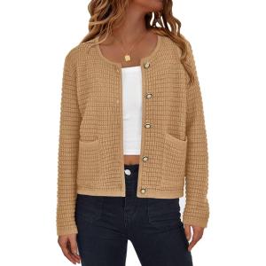PRETTYGARDEN Women Knit Cardigan Sweaters Fall Fashion Long Sleeve Open Front Button Down Trendy Casual Jacket Winter Clothes(Khaki)