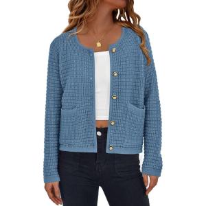 PRETTYGARDEN Women Knit Cardigan Sweaters Fall Fashion Long Sleeve Open Front Button Down Trendy Casual Jacket Winter Clothes(Mist Blue)