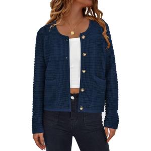 PRETTYGARDEN Women Knit Cardigan Sweaters Fall Fashion Long Sleeve Open Front Button Down Trendy Casual Jacket Winter Clothes(Navy)