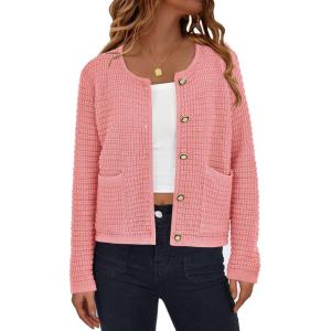 PRETTYGARDEN Women Knit Cardigan Sweaters Fall Fashion Long Sleeve Open Front Button Down Trendy Casual Jacket Winter Clothes(Pink)