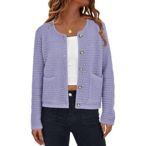 PRETTYGARDEN Women Knit Cardigan Sweaters Fall Fashion Long Sleeve Open Front Button Down Trendy Casual Jacket Winter Clothes(Purple)