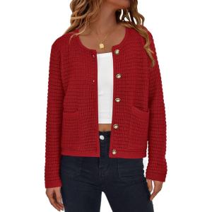 PRETTYGARDEN Women Knit Cardigan Sweaters Fall Fashion Long Sleeve Open Front Button Down Trendy Casual Jacket Winter Clothes(Red)