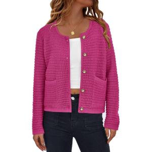 PRETTYGARDEN Women Knit Cardigan Sweaters Fall Fashion Long Sleeve Open Front Button Down Trendy Casual Jacket Winter Clothes(Rose Red)