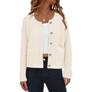 PRETTYGARDEN Women Knit Cardigan Sweaters Fall Fashion Long Sleeve Open Front Button Down Trendy Casual Jacket Winter Clothes(White)