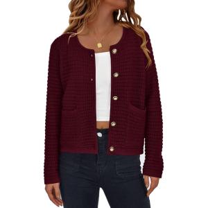 PRETTYGARDEN Women Knit Cardigan Sweaters Fall Fashion Long Sleeve Open Front Button Down Trendy Casual Jacket Winter Clothes(Wine Red)