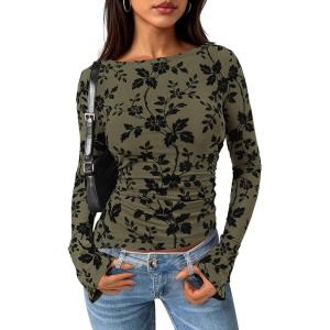 PRETTYGARDEN Women Long Sleeve Floral Mesh Tops Blouse 2026 Fall Trendy Boat Neck Ruched Spring Shirt Going Out Date Outfits(Army Green)