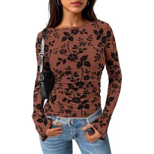 PRETTYGARDEN Women Long Sleeve Floral Mesh Tops Blouse 2026 Fall Trendy Boat Neck Ruched Spring Shirt Going Out Date Outfits(Brown)