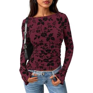 PRETTYGARDEN Women Long Sleeve Floral Mesh Tops Blouse 2026 Fall Trendy Boat Neck Ruched Spring Shirt Going Out Date Outfits(Burgundy)