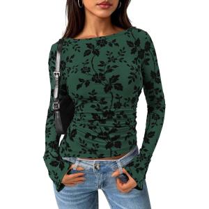 PRETTYGARDEN Women Long Sleeve Floral Mesh Tops Blouse 2026 Fall Trendy Boat Neck Ruched Spring Shirt Going Out Date Outfits(Dark Green)