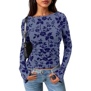 PRETTYGARDEN Women Long Sleeve Floral Mesh Tops Blouse 2026 Fall Trendy Boat Neck Ruched Spring Shirt Going Out Date Outfits(Dusty Blue)