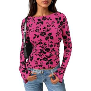 PRETTYGARDEN Women Long Sleeve Floral Mesh Tops Blouse 2026 Fall Trendy Boat Neck Ruched Spring Shirt Going Out Date Outfits(Hot Pink)
