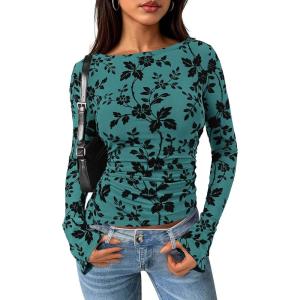 PRETTYGARDEN Women Long Sleeve Floral Mesh Tops Blouse 2026 Fall Trendy Boat Neck Ruched Spring Shirt Going Out Date Outfits(Lake Blue)