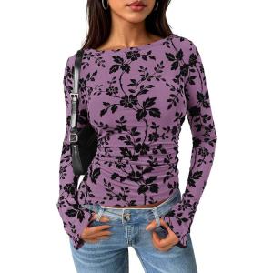 PRETTYGARDEN Women Long Sleeve Floral Mesh Tops Blouse 2026 Fall Trendy Boat Neck Ruched Spring Shirt Going Out Date Outfits(Purple)