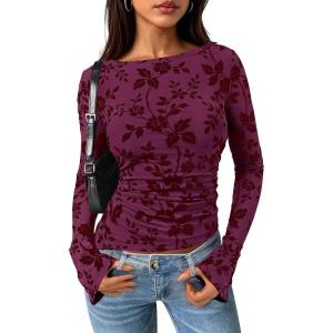 PRETTYGARDEN Women Long Sleeve Floral Mesh Tops Blouse 2026 Fall Trendy Boat Neck Ruched Spring Shirt Going Out Date Outfits(Purple Red)