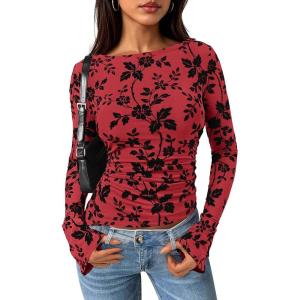 PRETTYGARDEN Women Long Sleeve Floral Mesh Tops Blouse 2026 Fall Trendy Boat Neck Ruched Spring Shirt Going Out Date Outfits(Red)