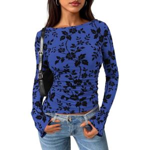 PRETTYGARDEN Women Long Sleeve Floral Mesh Tops Blouse 2026 Fall Trendy Boat Neck Ruched Spring Shirt Going Out Date Outfits(Royal Blue)
