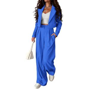 PRETTYGARDEN Women’s 2 Piece Casual Outfits Cropped Blazer Jackets High Waisted Wide Leg Work Pants Suit Set(Blue)