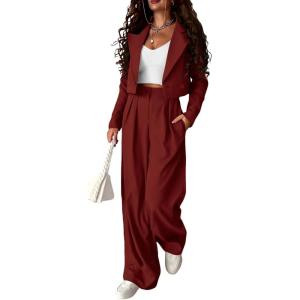 PRETTYGARDEN Women’s 2 Piece Casual Outfits Cropped Blazer Jackets High Waisted Wide Leg Work Pants Suit Set(Brown Red)