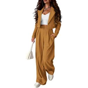 PRETTYGARDEN Women’s 2 Piece Casual Outfits Cropped Blazer Jackets High Waisted Wide Leg Work Pants Suit Set(Brown Yellow)